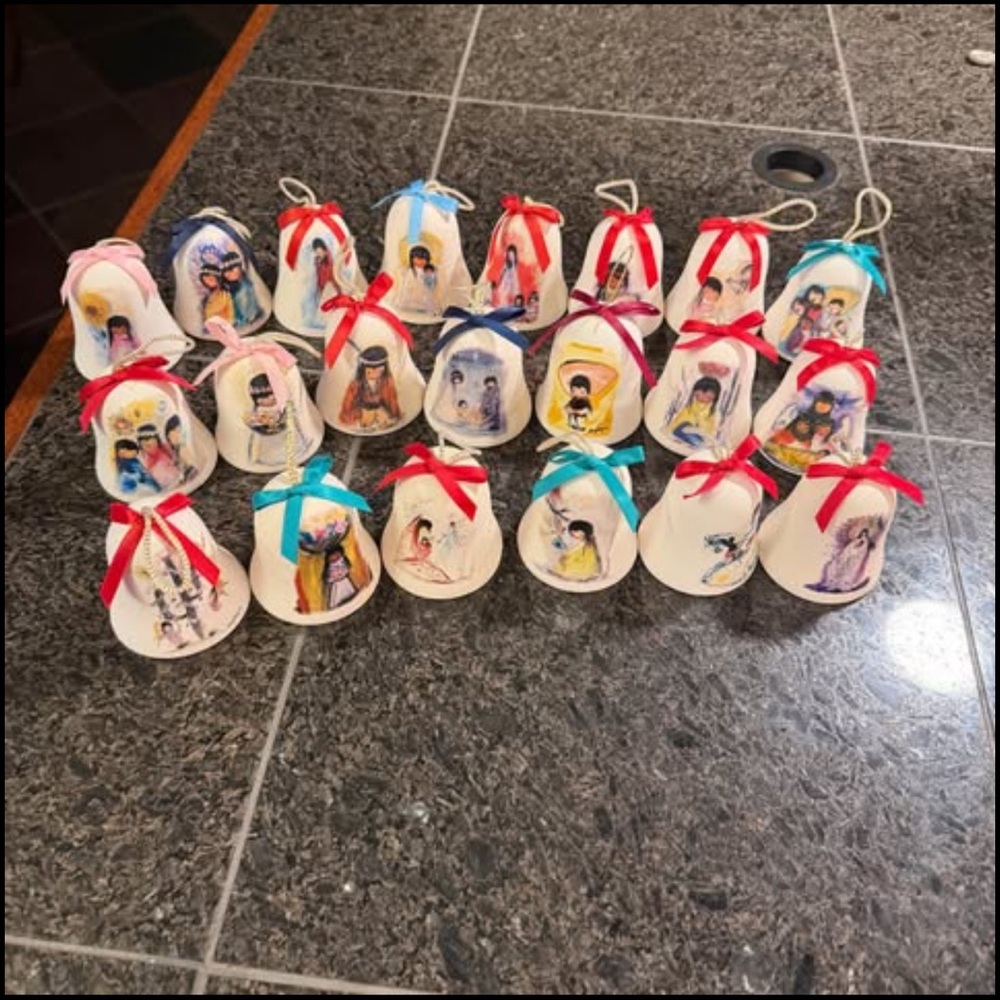 Hand-Painted Holiday Bells with Red and Blue Ribbons